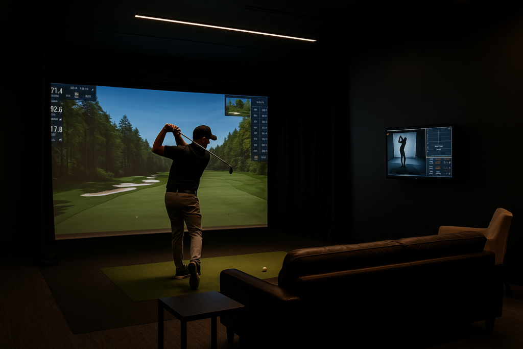 Golfeur en pleine frappe dans un simulateur de golf indoor premium chez APEX iGolf